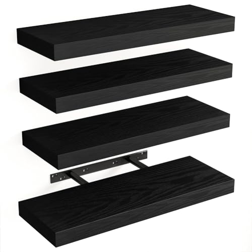 BAKAJI Set 4 Mensole da Parete in Legno Massiccio, Scaffali a Muro Multiuso con Staffe a Scomparsa in Metallo, Scaffalatura per Camera da Letto, Soggiorno, Cucina, Bagno, 40 x 14 x 3 cm (Nero)
