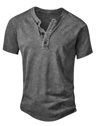 Anelune Men's Distressed Henley Shirts Vintage Short Sleeve T-Shirt Washed Cotton Casual V-Neck Button Tee Tops Grey 2XL