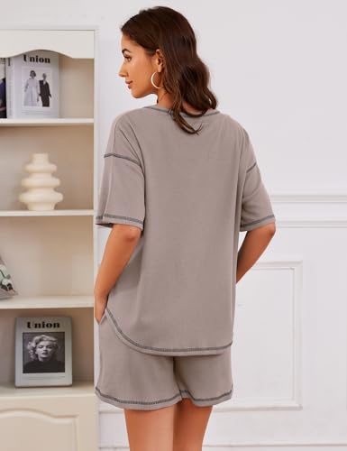 Image of Womens Pajama Sets Waffle Knit 2 Piece Short Lounge Set Cute Sleep Loungewear Pjs Set Short Sleeve Top and Shorts