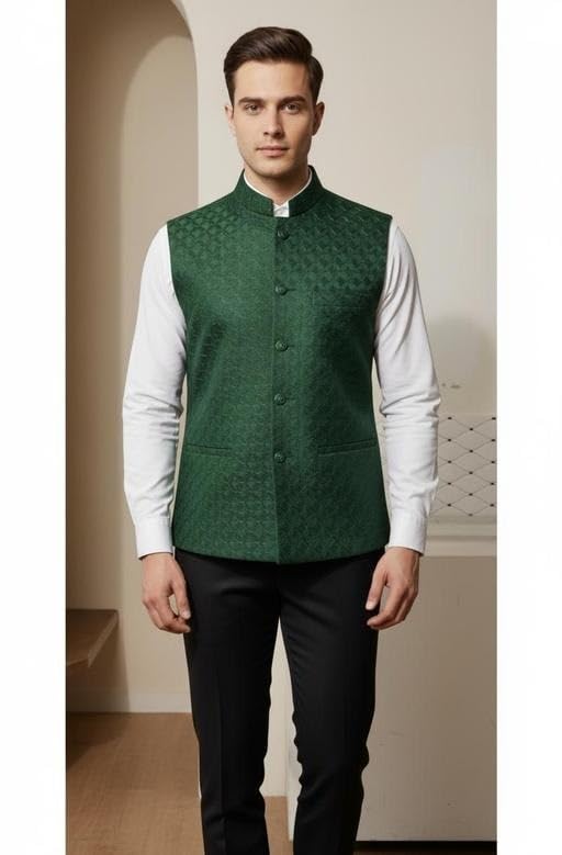 Image of Men's Self-Design Sleeveless Nehru Jacket for Festive and Formal Wear