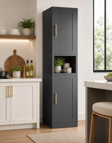 Image of Tall Narrow Pantry Cabinet for Kitchen, 67 inch H Metal Storage Cabinets with Doors and 3 Adjustable Shelves for Dining Room, Living Room and Home Office (16 inches Wide Black)