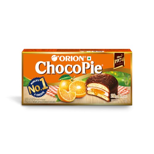 Image of ORION Orange Choco Pie (6 pies) Centre-Filled Chocolate Biscuit - Orange Flavor,168g