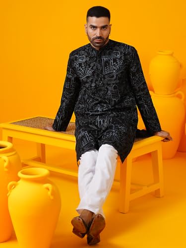 Image of SOJANYA (Since 1958 Men's Cotton Silk Kantha Thread Embroidered Kurta with White Pyjama