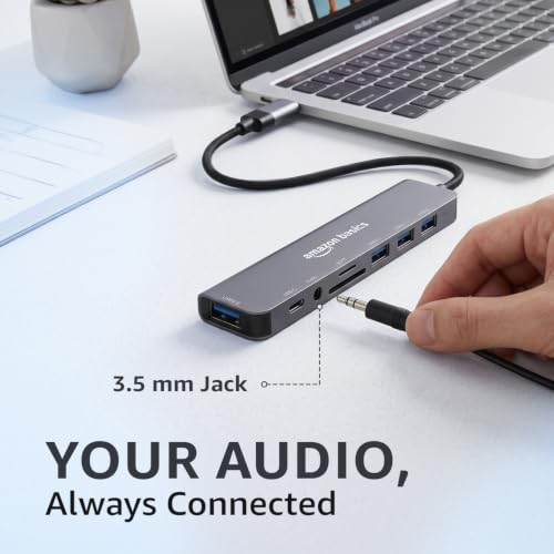 Image of Amazon Basics 8-in-1 USB Hub with Dual Plug (USB-A & USB-C), USB 3.0, 3 x USB 2.0, USB-C 2.1, SD /TF Card Reader & 3.5mm Audio Jack, 18 cm Cable (Grey)