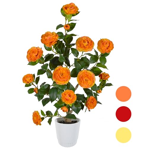 Warmplants Artificial Camellia Tree 3ft, Fake Plant in White Pot, Faux Camellia Silk Flower Potted...