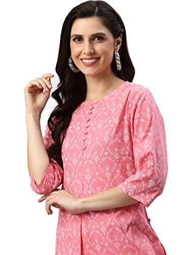 Image of Yash Gallery Women's Cotton Regular Fit Short Floral Printed Kurta