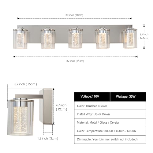 Image of SineRise Bathroom Vanity Light with 3 Color Modes (3000K /4000K /6000K), Eye Protection LED Bathroom Light Fixture, Dimmable Modern Wall Light Over Mirror with Clear Glass Shade (Nickel, 5-Light)