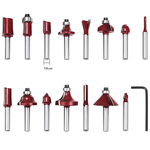 HSEAMALL 15 PCS Router Bits 1/4 shank for Palm Router Tool 6.35mm Tungsten Carbide Tipped Router Bit Set Wood Milling Saw Cutter