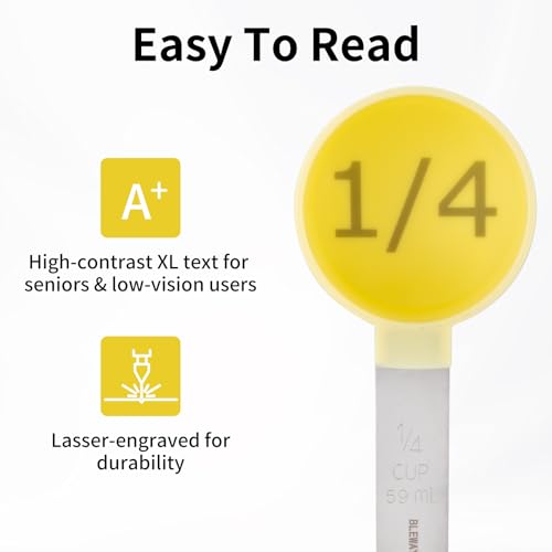 BLEWAY Easy to Read Measuring Cups & Spoons Set for Visually Impaired, Stackable Cups and Spoons, Nesting Measure Cups with Stainless Steel Handle (Yellow) - Image 2