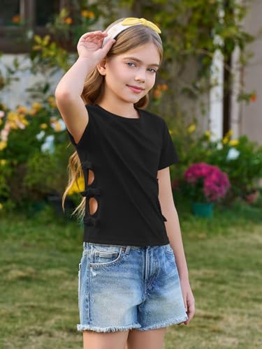 Image of Haloumoning Girls Short Sleeve Shirts Kids Summer Casual Side Bow Knit Tops Tees 5-14 Years