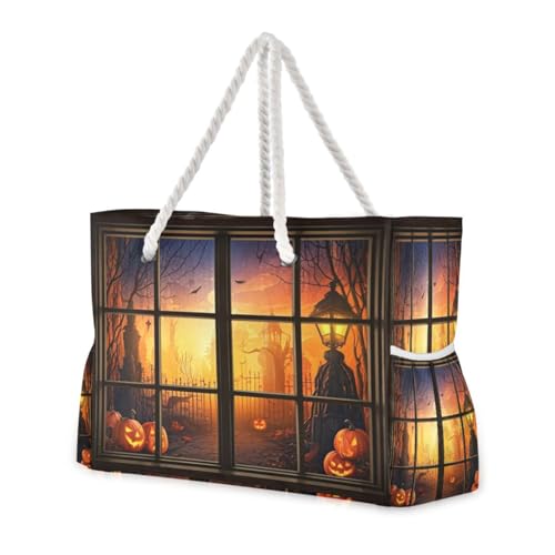 Halloween Night Beach Bag & Travel Tote Bag Large Sandproof with Zipper Closure, Wet Pouch for Swim Gym Travel, Lightweight Foldable Outdoor Bag