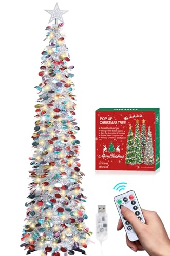HMASYO 6 FT Pop Up Christmas Tree with 100 LED Lights & Remote, Silver Christmas Tinsel Tree, Collapsible Artificial Pencil Tree for Home Office Party Decor, USB Powered Timer Lights, Easy Assembly
