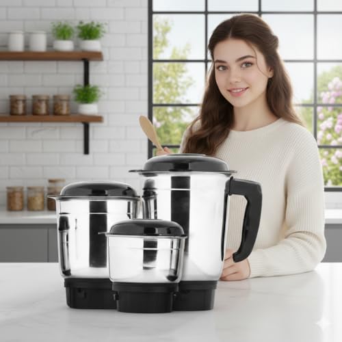 Image of 500 Watts Mixer Grinder (3 Jars, White & Black) - Heavy Duty Copper Motor Mixie with 3-Speed Control | Rust-Proof Stainless Steel Jars & Pulse Function | Compact & Durable Kitchen Grinder