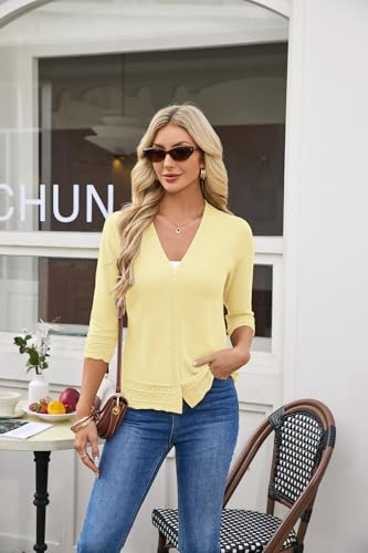 GRACE KARIN Yellow Cardigan Sweaters for Women Summer Lightweight Cardigans 3/4 Sleeve Button Up Top（Butter Yellow,Medium） — view 5
