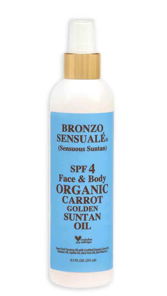 Tanning Oil with SPF 4 Sunscreen Protection – Organic & Botanical Ingredients for Safe, Glowing Tan, Fast-Absorbing Carrot Suntan Oil for All Skin Types, by Bronzo Sensuale 8.5 Fl. Oz.