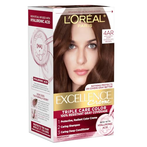 L'Oreal Paris Excellence Crème Permanent Hair Dye, Triple Care Hair Color with Hyaluronic Acid for 100% Gray Coverage, 4AR Dark Chocolate Brown, 1 Kit...
