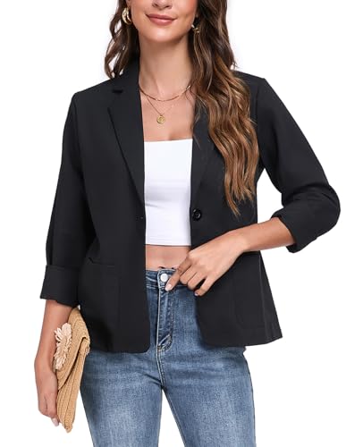 Womens Linen Blazer Long Sleeve Lightweight Work Office Jackets Casual Summer Lapel Button Blazers with Pockets