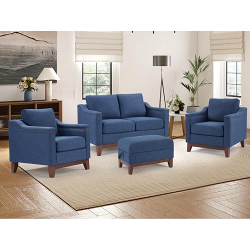 Image of HAOMARKETS 4 Piece Chenille Sofa Set with Nailhead Trim, Included Comfy Accent Chair Set of 2, Upholstered Loveseat 2-Seater Sofa Couches and Storage Ottoman with Flip-Top Table for Living Room, Blue