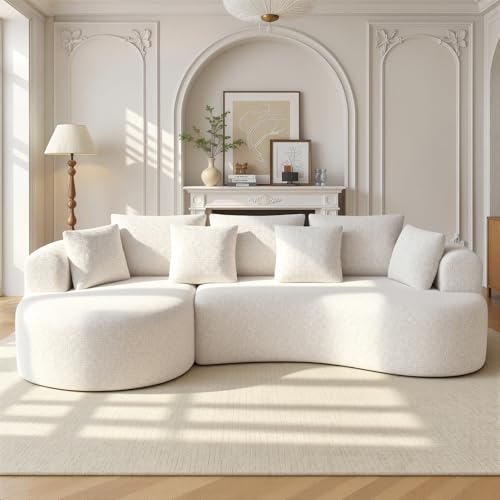 Luxanimarion 124 Curved Modular Sectional Sofa Oversized, L-Shape Boneless Couches for Living Room with Deep Seat and 7 Pillows, High-Density Memory Foam, Beige Chenille Fabric, No Assembly Required