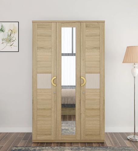 Image of Mintwud Pepperfry Engineered Wood Wardrobe with 3 Doors Storage and 2 Hanging Rod | Wooden Almirah Cupboard for Clothes Storage Organizer for Living Room Home Bedroom Furniture (Cream Finish)