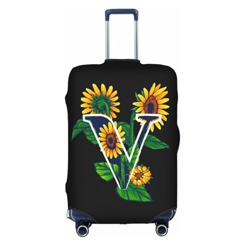 Sunflower Initial Name V Black Luggage Cover Elastic Washable Stretch Suitcase Protector Anti-Scratch Travel Suitcase Cover for Kid and Adult L (Fit 25-28 inch suitcase)