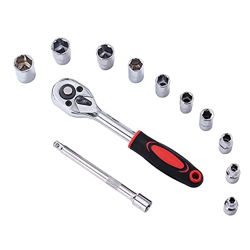 Image of KATSU 1 /4 Inch Socket Set 12Pcs, 4-13mm Metric Drive with 24-Teeth Quick-Released Ratchet Wrench and 4 inch Extension Bar, High Grade Chrome Vanadium Steel, Auto Repairing Garage Tool 420340