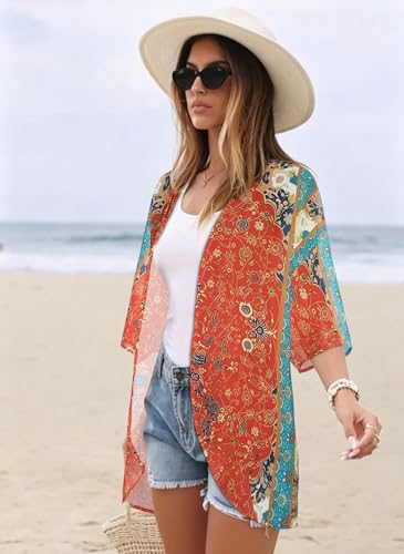Image of Women's Floral Print Puff Sleeve Kimono Cardigan Loose Cover Up Casual Blouse Tops 2026