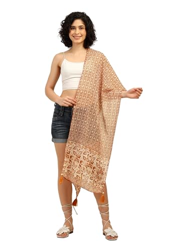 Image of KE KANHA EXPORTS Scarf for Women Premium Cotton Boho | Dual Tone Border Print Stole with Tassels | Lightweight Summer Beach Wrap 180 x 50 cm FREE Scrunchie Included
