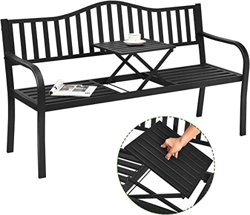 Giantex Patio Bench W/Pullout Middle Table, Outdoor Benches, Garden Bench, Front Porch Bench, Pool Deck Bench, Loveseat Chair, Patio Seating For 2-3 Person, Metal Benches For Outside (Black) #TOP7