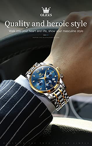 Image of OLEVS Men's Business Watch With Date, Luminous Quartz Movement, Waterproof Stainless Steel Strap, Stopwatch Timing Function - Silver Band, Gold Case, Blue Dial, Classic