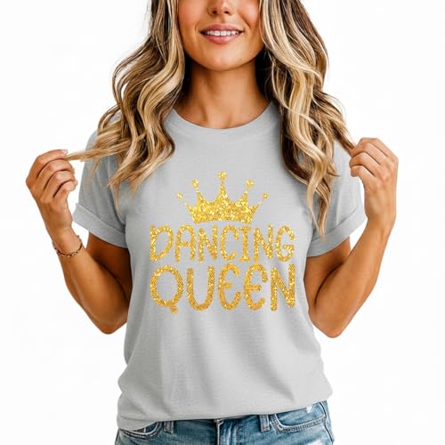 Dancing Queen Gold Glitter Vintage Nostalgic Slogan Text Graphic Womens T Shirt Mothers Day Retro Music Tee 3XL (26-28)
