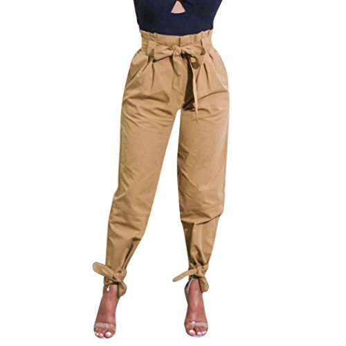 Overdose Pantalon Carotte avec Ceinture Obi, Femme Casual Classique Longue Fuselé Ajusté Coton Élastique Taille Haute Trousers (S, Sable)