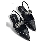 LUMINOSA Women’s Pointed-Toe Slingback Flats with Adjustable Strap – Black with Studs