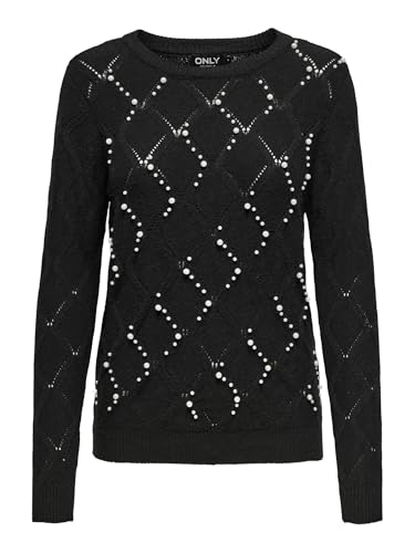 ONLY Onlliana Life LS Pearl O-Neck CC Knt Jersey de Punto, Negro/Detalles: Perlas Blancas, S para Mujer