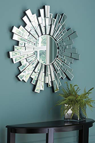 Signature Design By Ashley Braylon Contemporary 32" Round Accent Mirror With Mosaic Cut Glass Design, Silver #TOP1