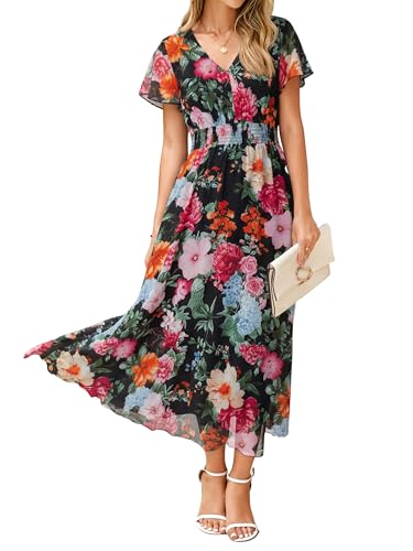 Image of Simplee Womens Floral Maxi Dress - Short Sleeve Summer Boho Wedding Guest Dress Empire Waist Chiffon Modest Midi Dresses