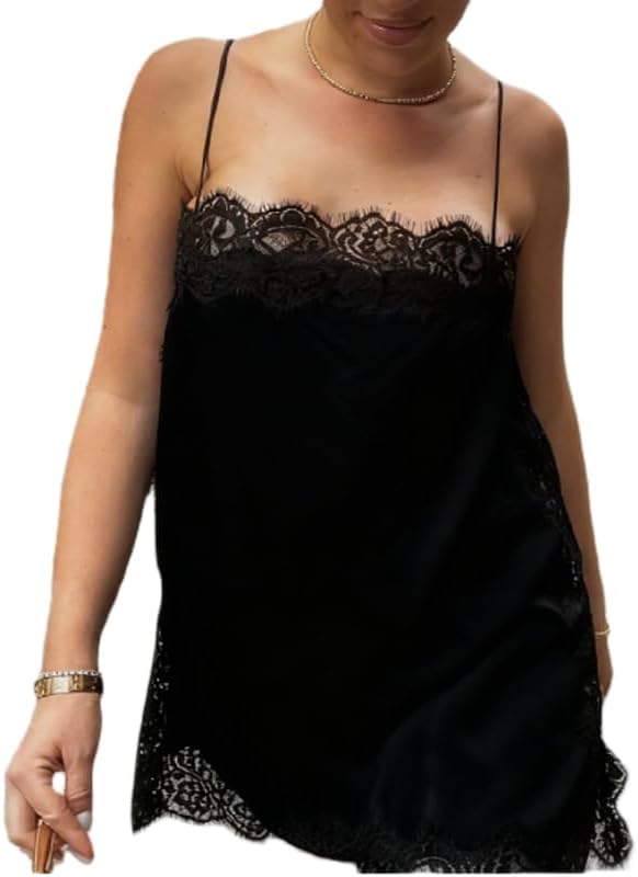 Women Lace Trim Satin Camisole Top Silky Spaghetti Strap V Neck Cami Top Flowy Asymmetrical Going Out Tank Tops