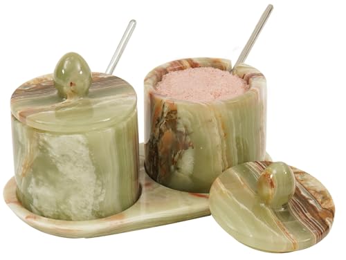 Bodega de sal de mármol con tapa y bandeja, recipiente de sal hecho a mano de ónix verde de 4 pulgadas, juego de 2 tarros de condimentos, recipientes de almacenamiento de especias para encimera de
