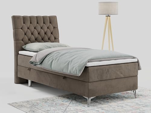 MKS MEBLE Boxspringbett 90x200 mit Matratze, Einzelbett 90x200 mit Bettkasten und Topper, Jugendbett 90x200 mit Stauraum - Milen 90 cm - Braun Velvet - H3 - Linke Seite