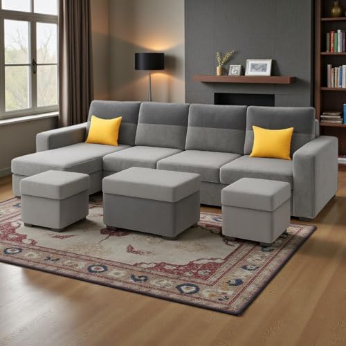Image of FURNY Premium Christino 8 Seater Fabric LHS L Shape Sofa Set with 2 Ottoman + 1 Centre Table Ottoman for Living Room | with Velvet Fabric in Dark Grey & Light Grey