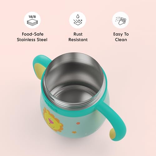 Image of rabitat Sip Around Stainless Steel Sipper 390ml | 2 Years Brand Warranty | Leak Proof | BPA Free | Sippy Cup for Kids with Soft Silicone Rim | Ergonomic Design, Sunny Roar