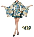 ASWTZ Women's Japanese Kimono Costume Traditional Geisha Short Robe Anime Printed Bathrobe Gold Stamping Pattern Sleepwear (Blue yellow white, one size)
