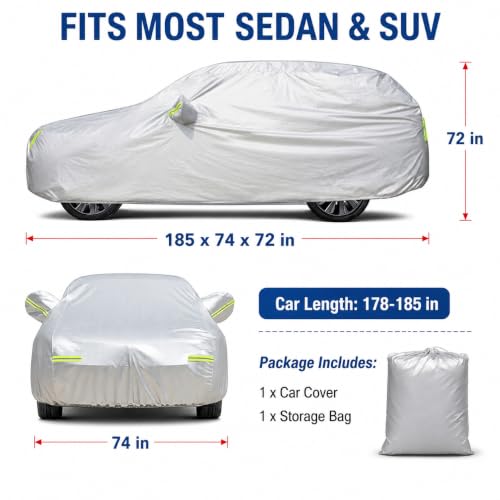 Image of GXARTS 5-Layer Heavy Duty Car Cover for Sedans (185 inchL x 74 inchW x 60 inchH) | Waterproof Vinyl Outer,All-Weather Outdoor Indoor | Windproof Straps, Mirror Pockets, Door Zipper | UV Snow Rain Dust Protection