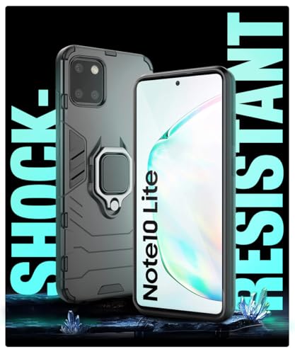 Image of WOW IMAGINE Shock Proof Back Case Mobile Cover for Samsung Galaxy Note 10 Lite (Armor | Hybrid PC + TPU | Full Protection with Ring Holder Kickstand | Carbon Black)