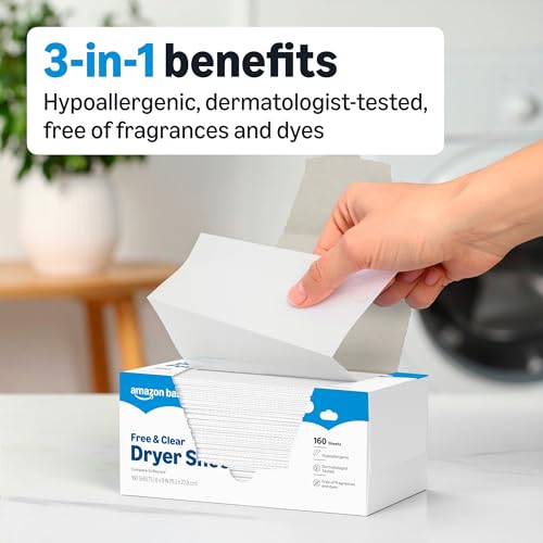 Image of Amazon Basics Dryer Sheets Laundry Fabric Softener, Free & Clear, Hypoallergenic, Free of Fragrances, Softening Agent, Dermatologist Tested, 160 Count