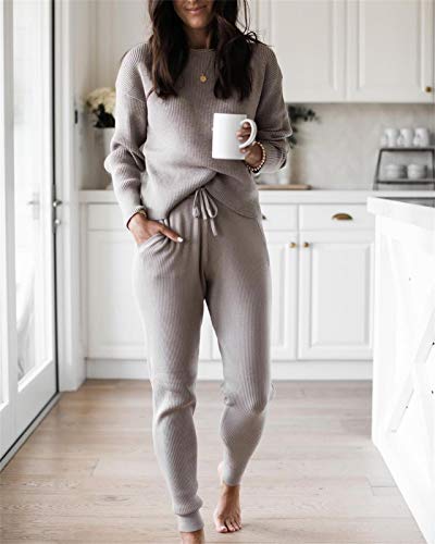 Eurivicy Women's Fall Rib Knit 2 Piece Outfit sets Long Sleeve Pullover Sweater Top and Drawstring Long Pants with Pockets3