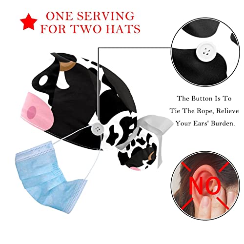Image of 2 PCS Bouffant Cap with Button Ponytail Pouch Working Cap Sweatband Adjustable Surgical Cap Black and White Cow