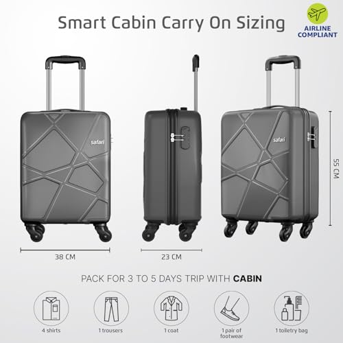 Image of Safari Cabin Polypropylene (Pp) Pentagon Hardside Small Size Luggage Suitcase 4 Spinner Wheels Trolley Bags for Travel Dark Grey Color 55Cm