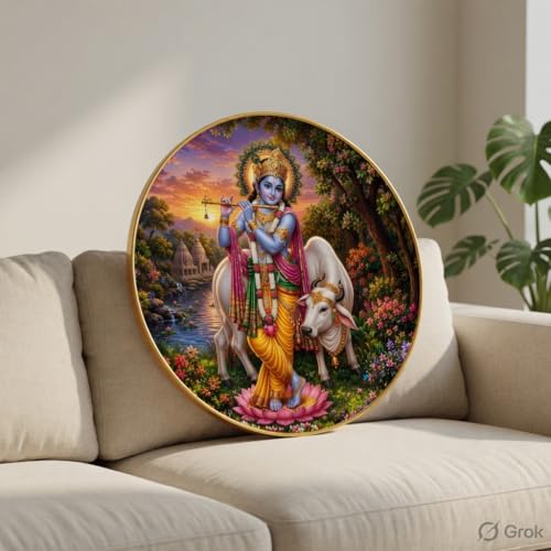 Image of SAF Lord Krishna Wall Painting with PVC Round Frame | Sparkle Laminated Flute Playing Krishna with Cow Artwork | Hindu Spiritual Wall Decor for Home Temple Living Room Bedroom Gift