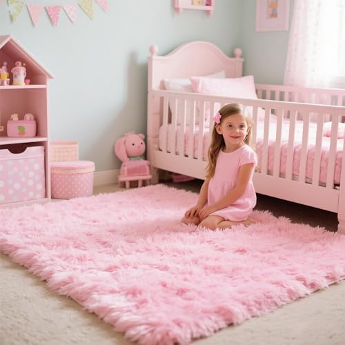 Pink Fluffy Area Rug for Girls Bedroom, 2x3 Shaggy Carpet for Kids Playroom, Nursery, Teen Living Room, Thick Fuzzy Plush for Dorm, Cute Room Decor for Baby
